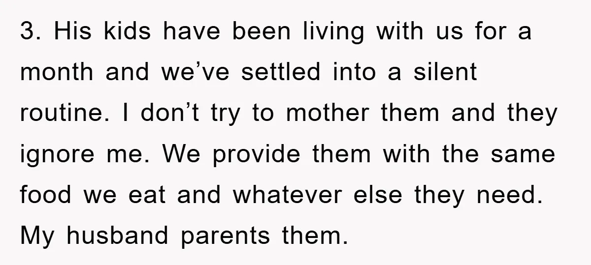 3. His kids have been living with us for a month and we’ve settled into a silent routine. I don’t try to mother them and they ignore me. We provide...