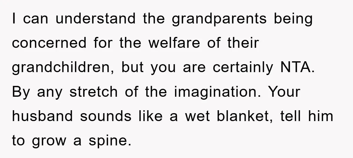 I can understand the grandparents being concerned for the welfare of their grandchildren, but you are certainly NTA. By any stretch of the imagination. Your husband sounds like a wet...