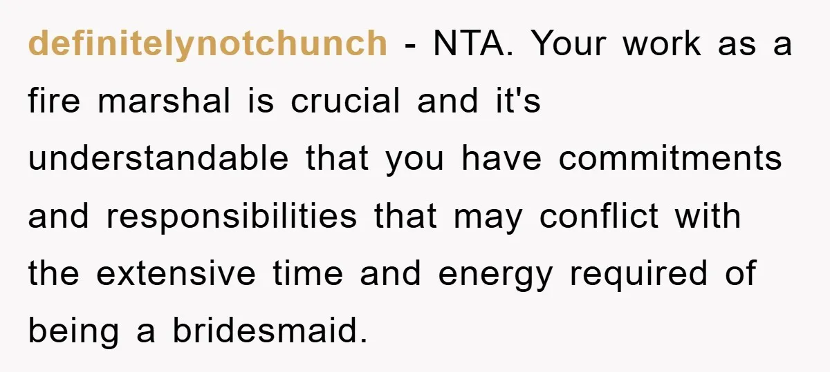 definitelynotchunch − NTA. Your work as a fire marshal is crucial and it's understandable that you have commitments and responsibilities that may conflict with the extensive time and energy required...