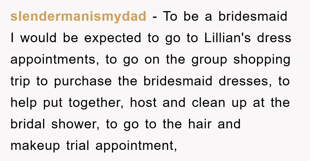 slendermanismydad − To be a bridesmaid I would be expected to go to Lillian's dress appointments, to go on the group shopping trip to purchase the bridesmaid dresses, to help...