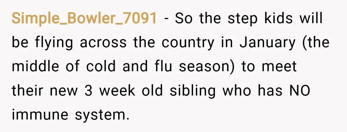 Simple_Bowler_7091 − So the step kids will be flying across the country in January (the middle of cold and flu season) to meet their new 3 week old sibling who...