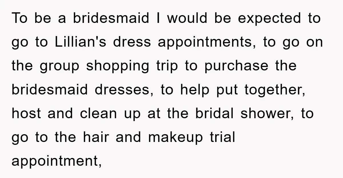 To be a bridesmaid I would be expected to go to Lillian's dress appointments, to go on the group shopping trip to purchase the bridesmaid dresses, to help put together,...