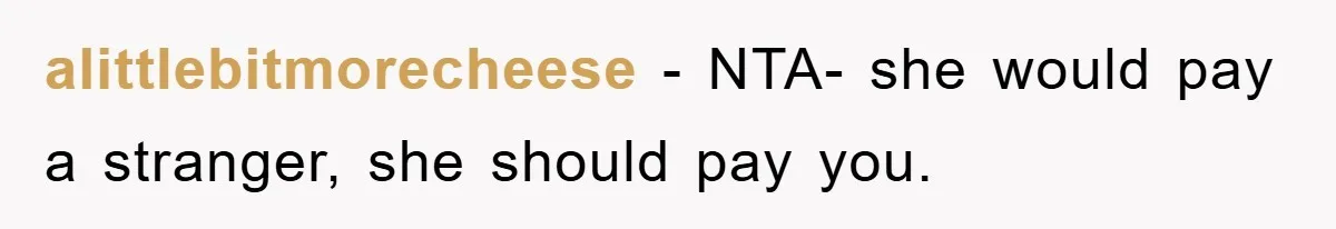 alittlebitmorecheese − NTA- she would pay a stranger, she should pay you.