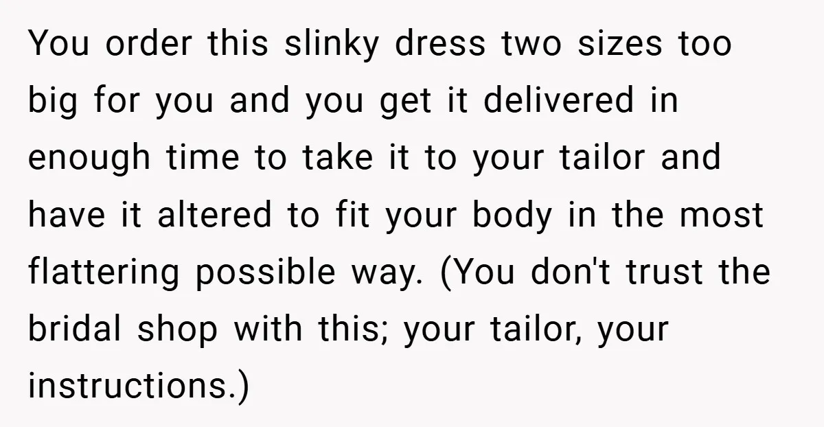 You order this slinky dress two sizes too big for you and you get it delivered in enough time to take it to your tailor and have it altered to...