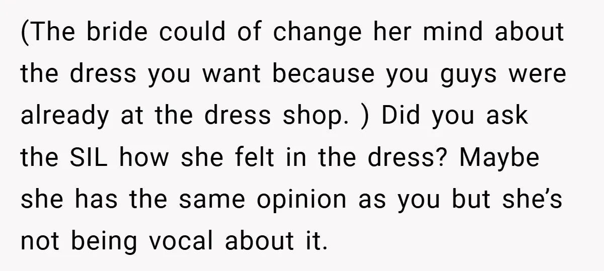 (The bride could of change her mind about the dress you want because you guys were already at the dress shop. ) Did you ask the SIL how she felt...
