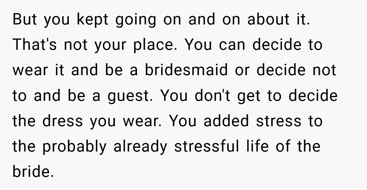 But you kept going on and on about it. That's not your place. You can decide to wear it and be a bridesmaid or decide not to and be a...