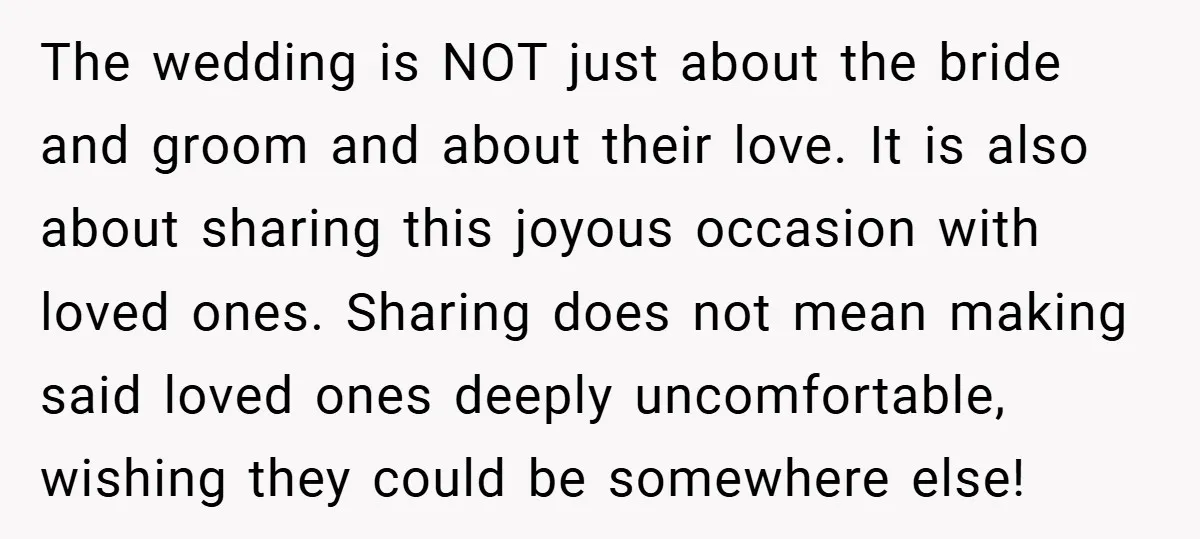The wedding is NOT just about the bride and groom and about their love. It is also about sharing this joyous occasion with loved ones. Sharing does not mean making...