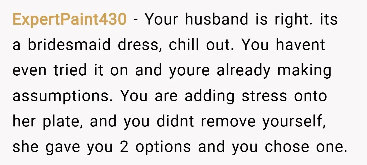 ExpertPaint430 − Your husband is right. its a bridesmaid dress, chill out. You havent even tried it on and youre already making assumptions. You are adding stress onto her plate,...