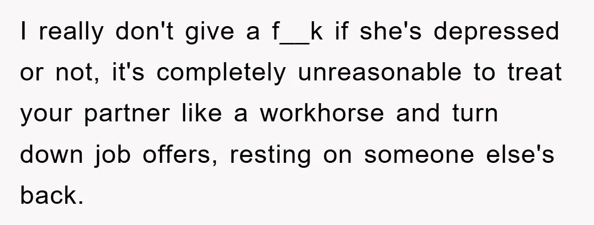 I really don't give a f__k if she's depressed or not, it's completely unreasonable to treat your partner like a workhorse and turn down job offers, resting on someone else's...