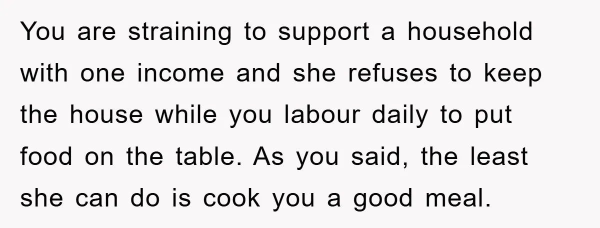 You are straining to support a household with one income and she refuses to keep the house while you labour daily to put food on the table. As you said,...