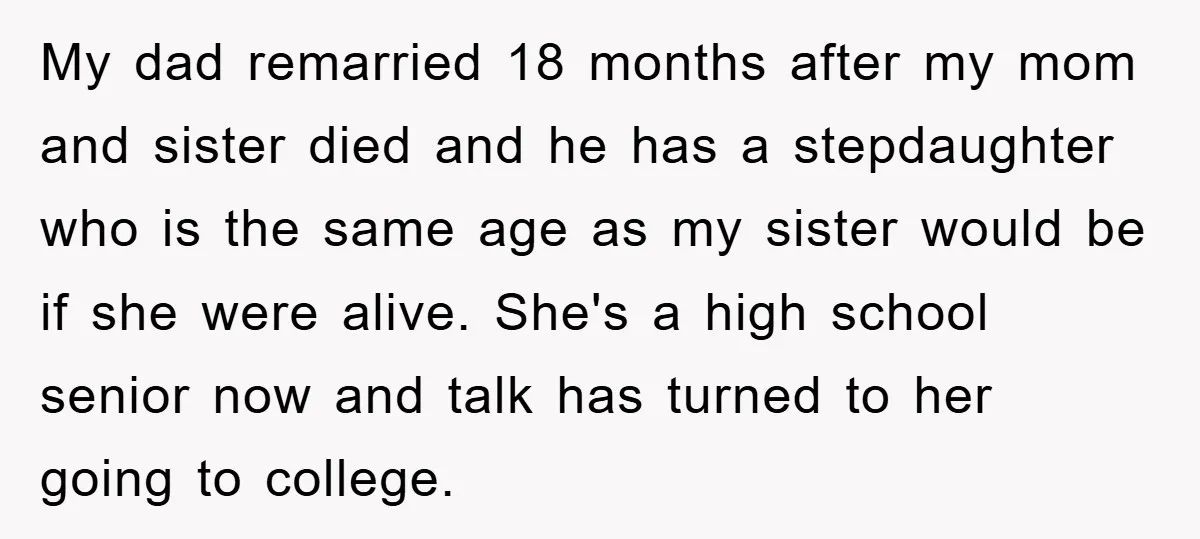 My dad remarried 18 months after my mom and sister died and he has a stepdaughter who is the same age as my sister would be if she were alive....