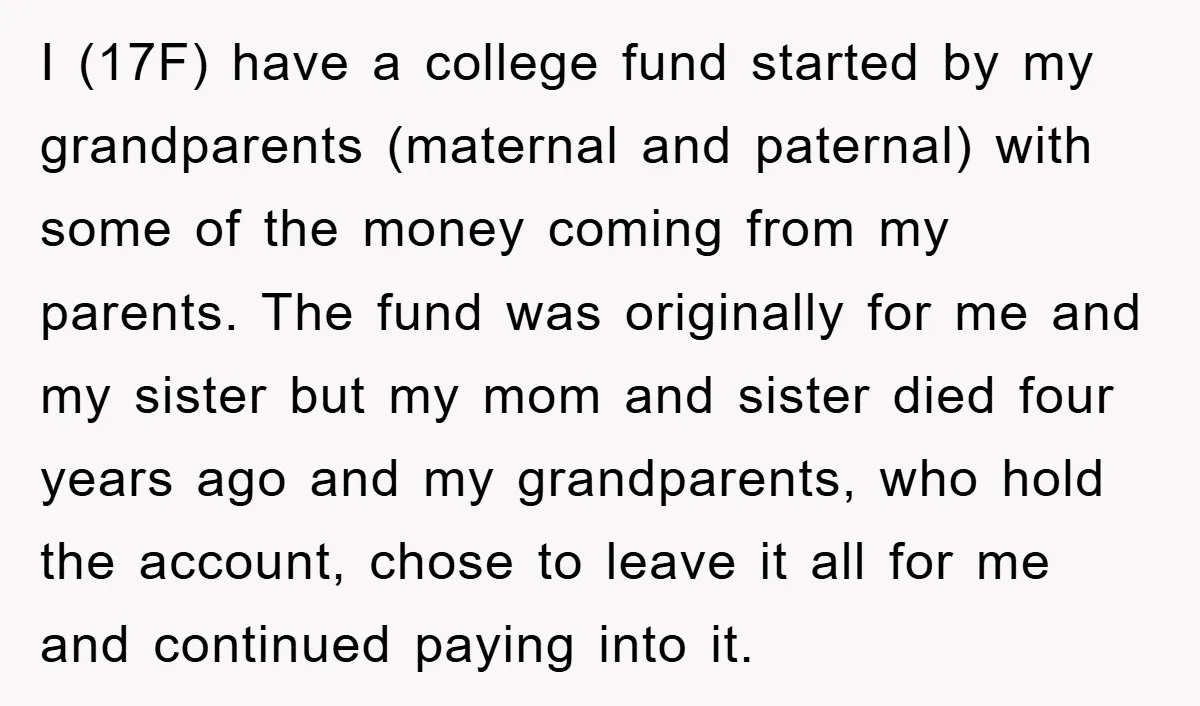 I (17F) have a college fund started by my grandparents (maternal and paternal) with some of the money coming from my parents. The fund was originally for me and my...