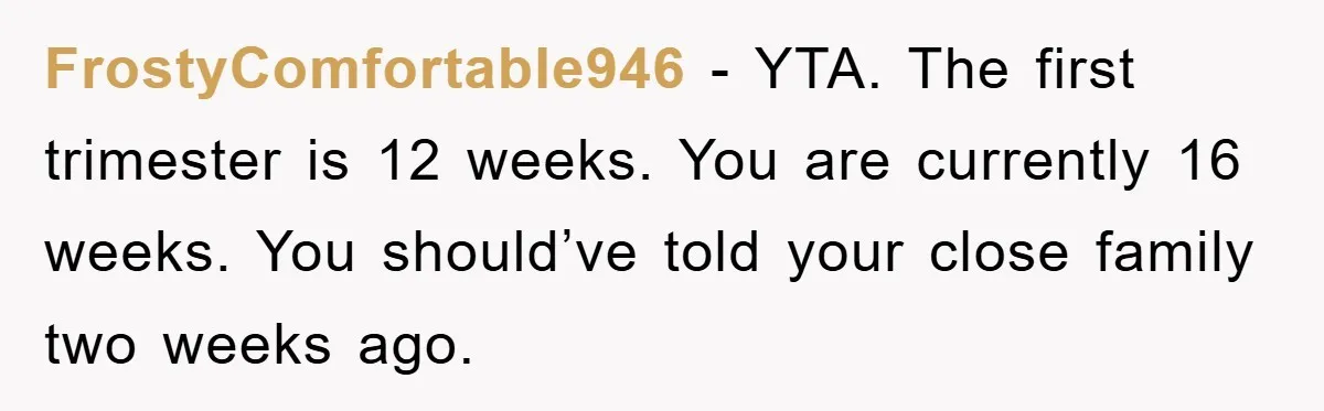 FrostyComfortable946 − YTA. The first trimester is 12 weeks. You are currently 16 weeks. You should’ve told your close family two weeks ago.