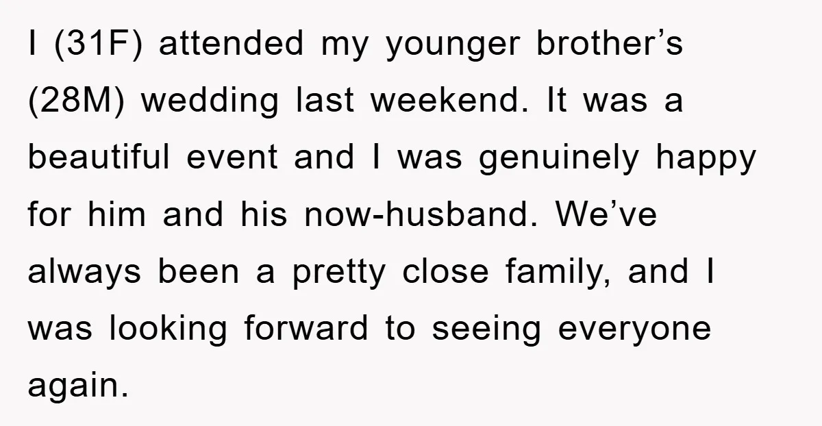 I (31F) attended my younger brother’s (28M) wedding last weekend. It was a beautiful event and I was genuinely happy for him and his now-husband. We’ve always been a pretty...