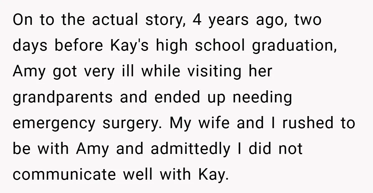 On to the actual story, 4 years ago, two days before Kay's high school graduation, Amy got very ill while visiting her grandparents and ended up needing emergency surgery. My...