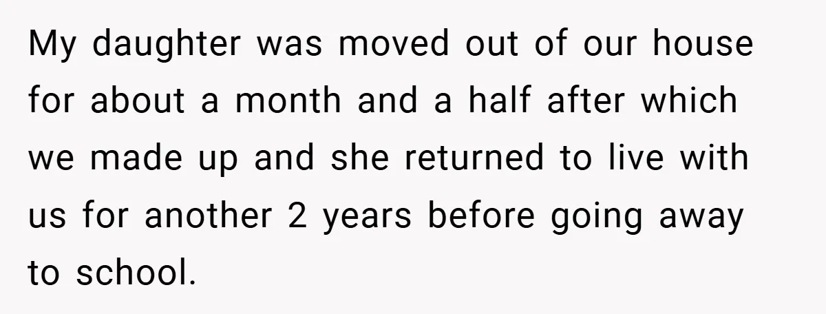 My daughter was moved out of our house for about a month and a half after which we made up and she returned to live with us for another 2...