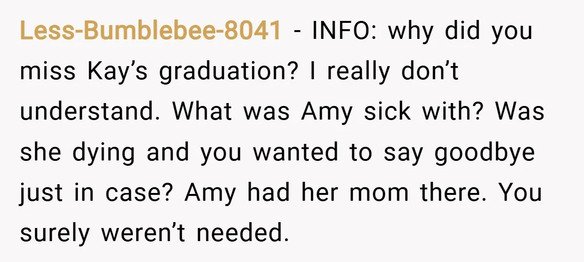 Less-Bumblebee-8041 − INFO: why did you miss Kay’s graduation? I really don’t understand. What was Amy sick with? Was she dying and you wanted to say goodbye just in case?...