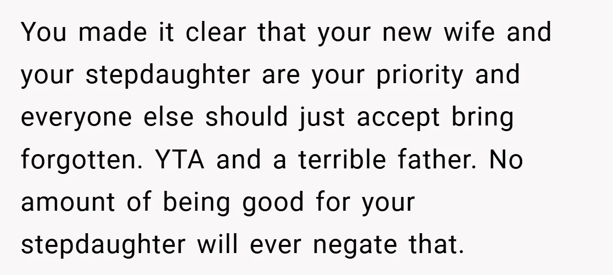 You made it clear that your new wife and your stepdaughter are your priority and everyone else should just accept bring forgotten. YTA and a terrible father. No amount of...