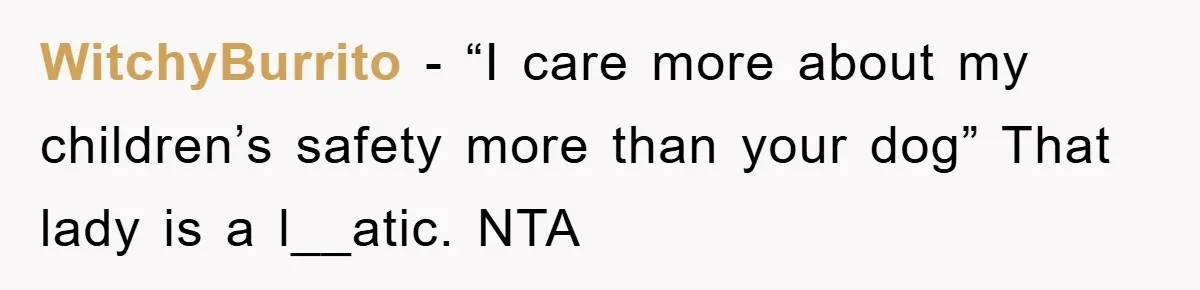 WitchyBurrito − “I care more about my children’s safety more than your dog” That lady is a l__atic. NTA