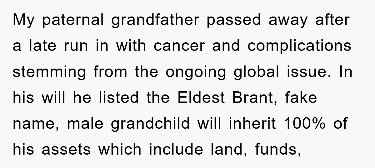 My paternal grandfather passed away after a late run in with cancer and complications stemming from the ongoing global issue. In his will he listed the Eldest Brant, fake name,...