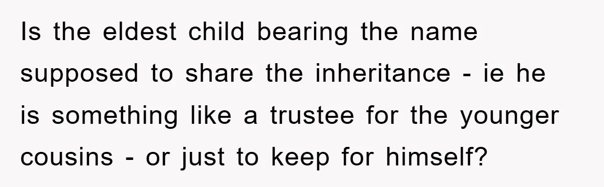 Is the eldest child bearing the name supposed to share the inheritance - ie he is something like a trustee for the younger cousins - or just to keep for...