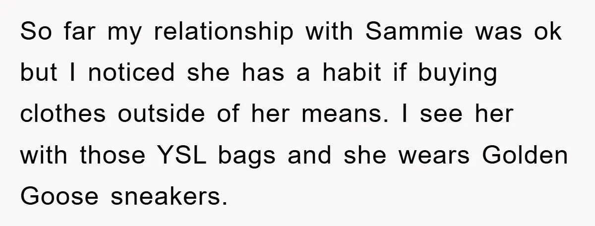 So far my relationship with Sammie was ok but I noticed she has a habit if buying clothes outside of her means. I see her with those YSL bags and...