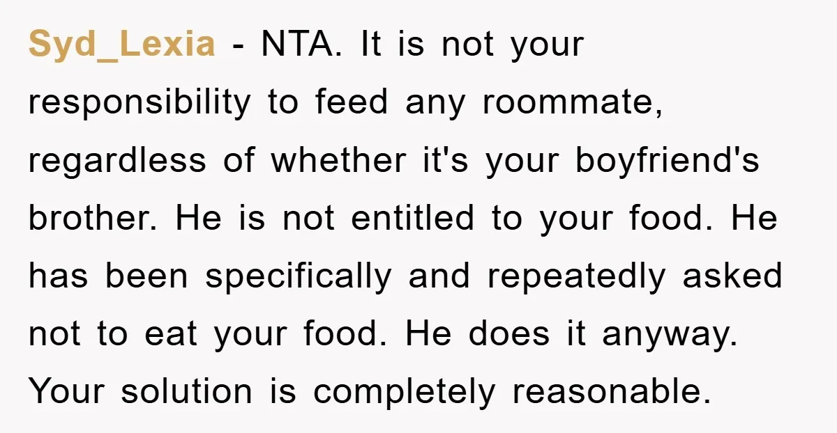 Syd_Lexia − NTA. It is not your responsibility to feed any roommate, regardless of whether it's your boyfriend's brother. He is not entitled to your food. He has been specifically...