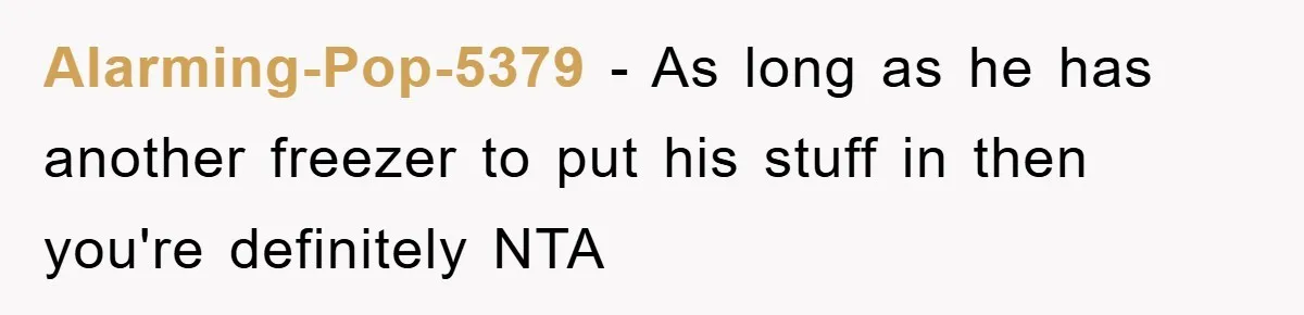 Alarming-Pop-5379 − As long as he has another freezer to put his stuff in then you're definitely NTA