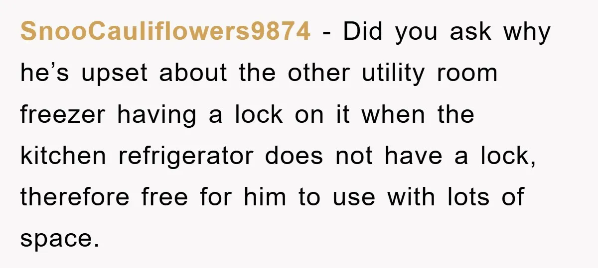 SnooCauliflowers9874 − Did you ask why he’s upset about the other utility room freezer having a lock on it when the kitchen refrigerator does not have a lock, therefore free...