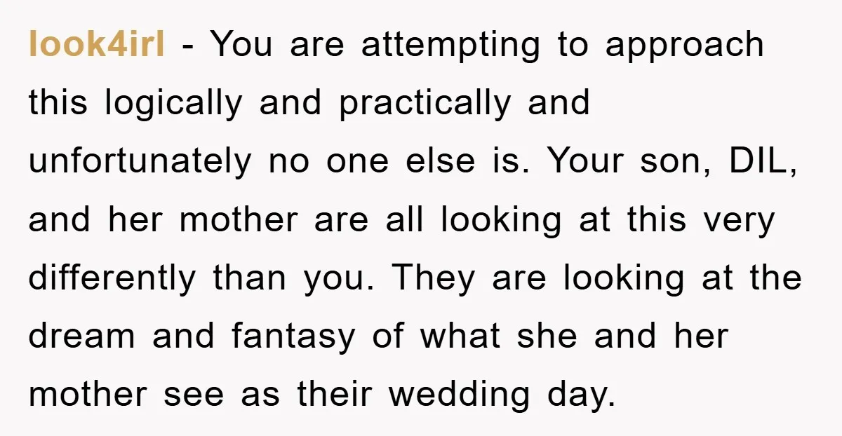 look4irl − You are attempting to approach this logically and practically and unfortunately no one else is. Your son, DIL, and her mother are all looking at this very differently...