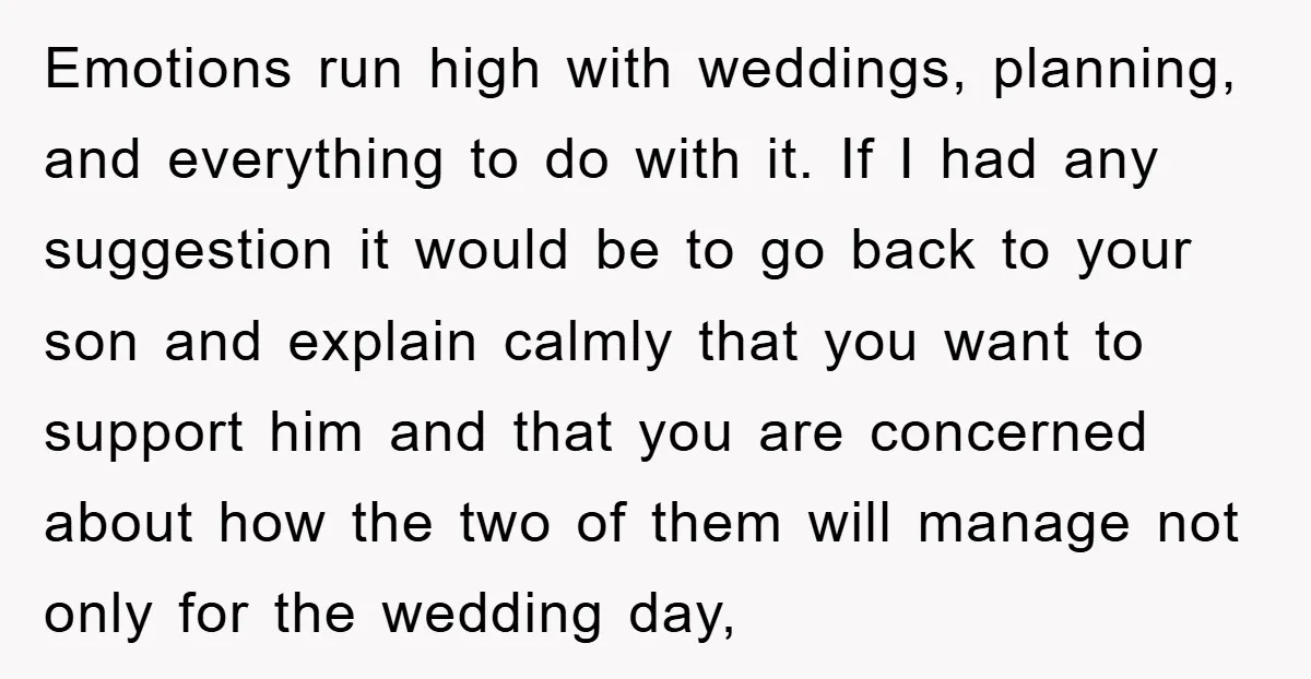 Emotions run high with weddings, planning, and everything to do with it. If I had any suggestion it would be to go back to your son and explain calmly that...