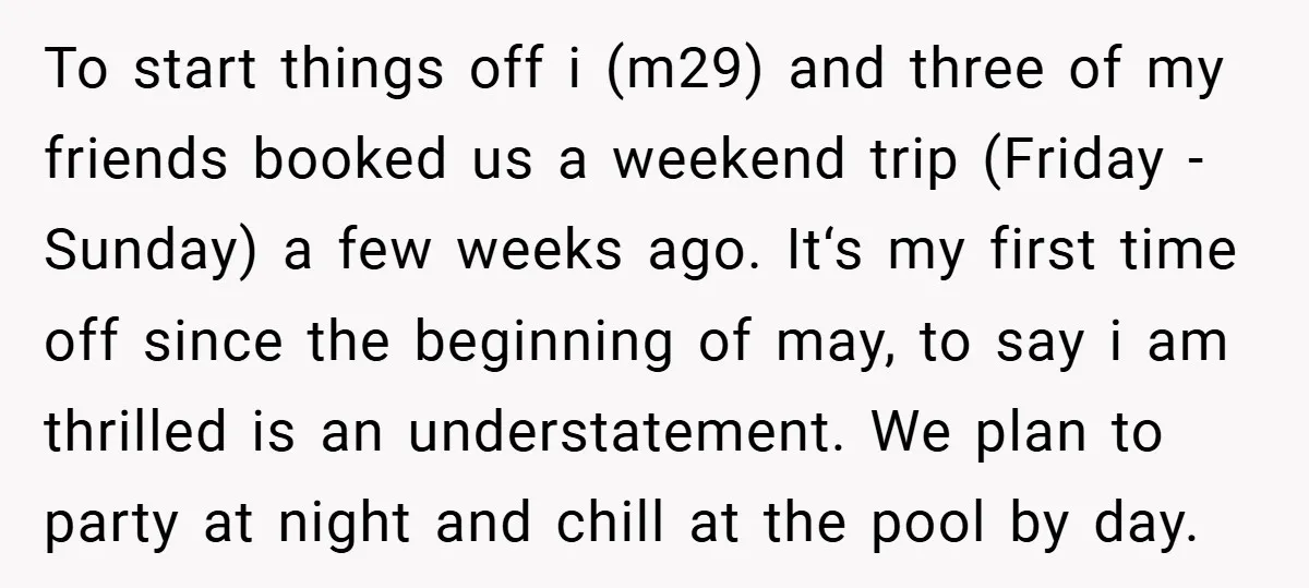 To start things off i (m29) and three of my friends booked us a weekend trip (Friday - Sunday) a few weeks ago. It‘s my first time off since the...