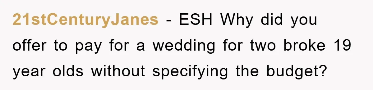 21stCenturyJanes − ESH Why did you offer to pay for a wedding for two broke 19 year olds without specifying the budget?