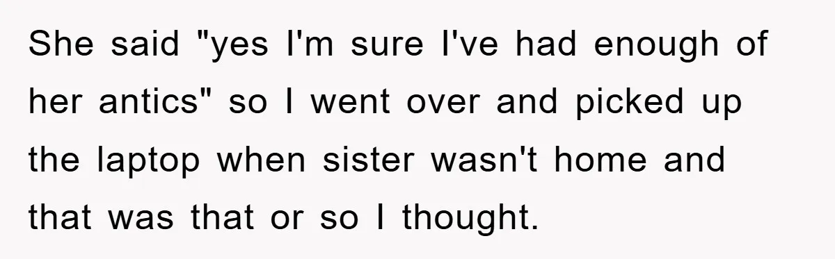 She said "yes I'm sure I've had enough of her antics" so I went over and picked up the laptop when sister wasn't home and that was that or so...
