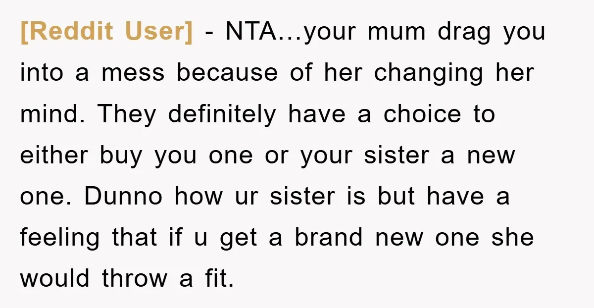 [Reddit User] − NTA…your mum drag you into a mess because of her changing her mind. They definitely have a choice to either buy you one or your sister a...