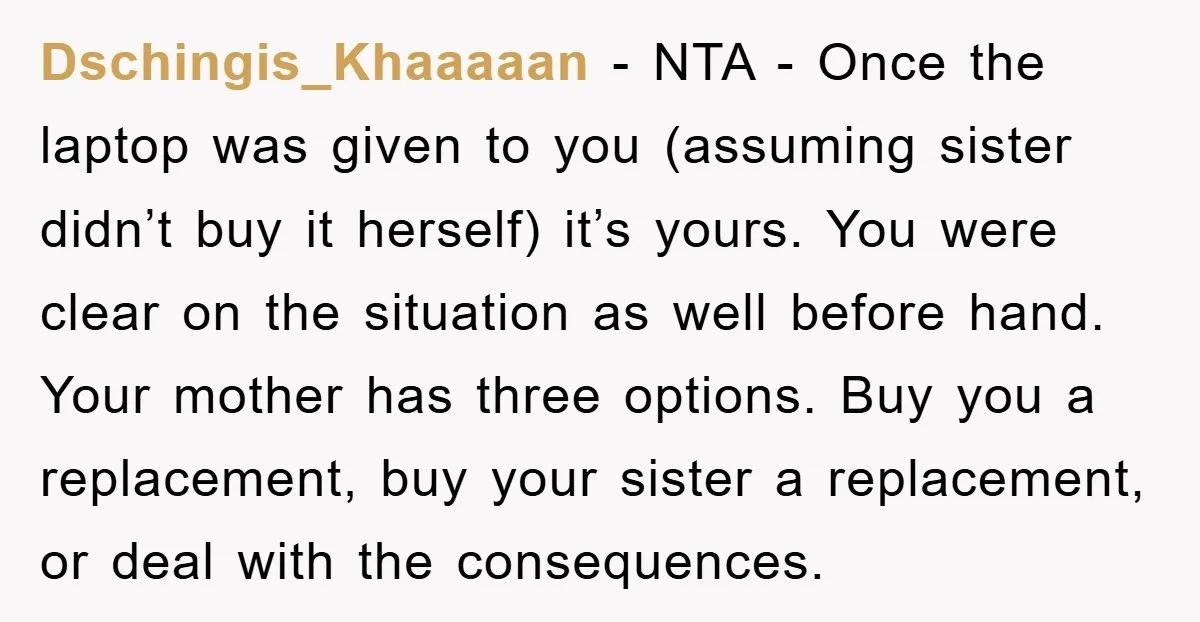 Dschingis_Khaaaaan − NTA - Once the laptop was given to you (assuming sister didn’t buy it herself) it’s yours. You were clear on the situation as well before hand. Your...