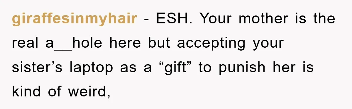 giraffesinmyhair − ESH. Your mother is the real a__hole here but accepting your sister’s laptop as a “gift” to punish her is kind of weird,
