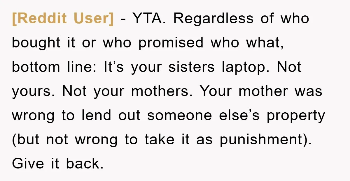 [Reddit User] − YTA. Regardless of who bought it or who promised who what, bottom line: It’s your sisters laptop. Not yours. Not your mothers. Your mother was wrong to...