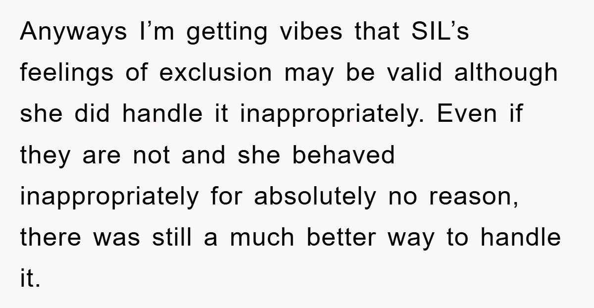 Anyways I’m getting vibes that SIL’s feelings of exclusion may be valid although she did handle it inappropriately. Even if they are not and she behaved inappropriately for absolutely no...