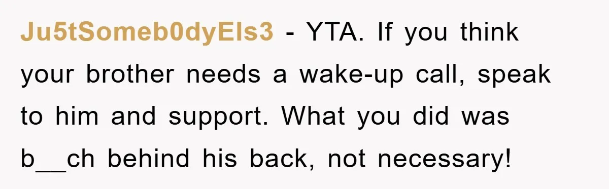 Ju5tSomeb0dyEls3 − YTA. If you think your brother needs a wake-up call, speak to him and support. What you did was b__ch behind his back, not necessary!