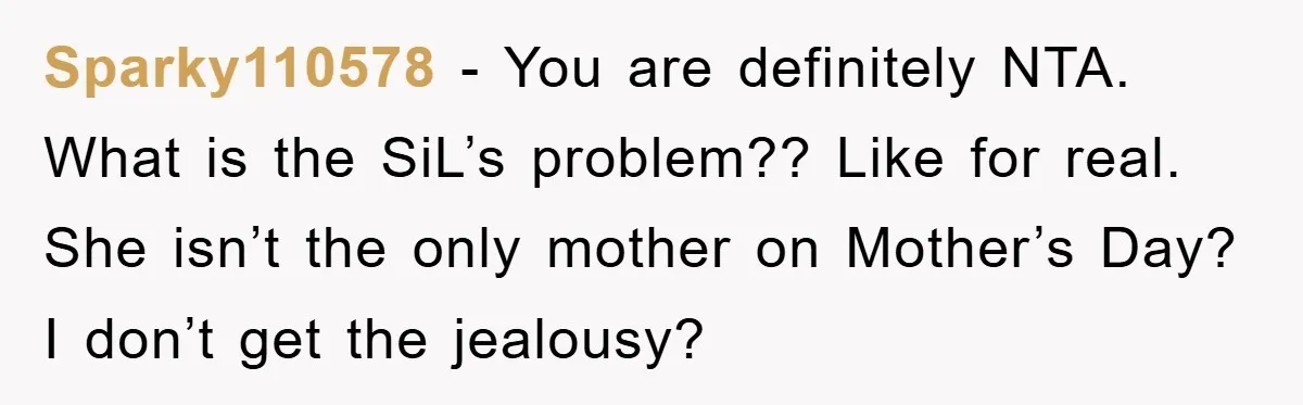 Sparky110578 − You are definitely NTA. What is the SiL’s problem?? Like for real. She isn’t the only mother on Mother’s Day? I don’t get the jealousy?