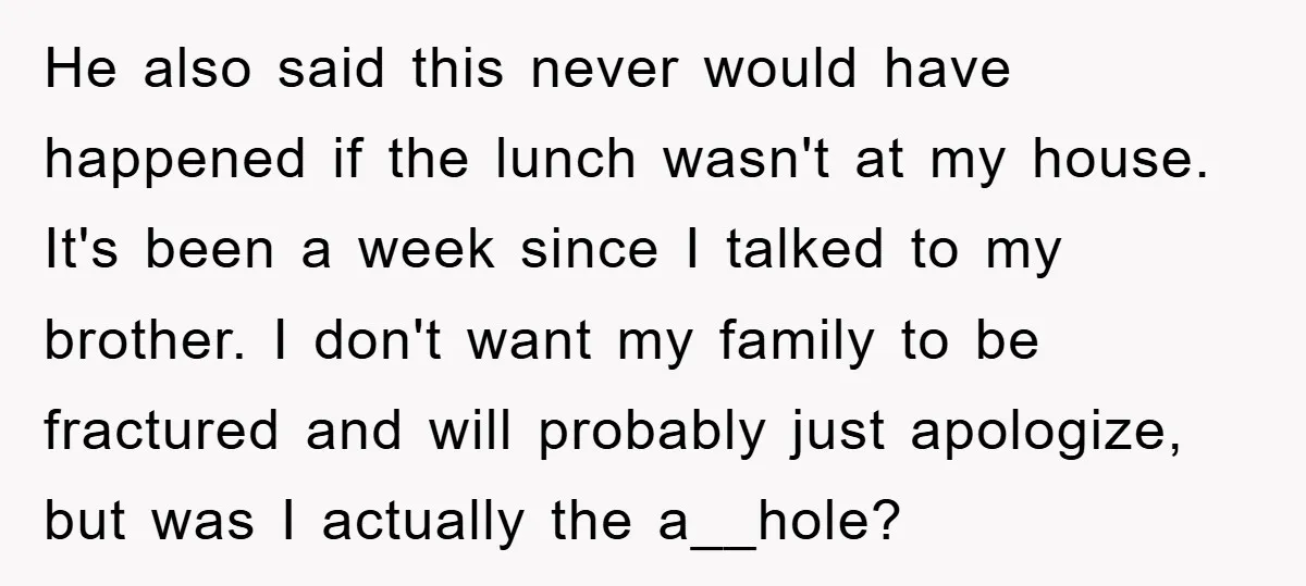 He also said this never would have happened if the lunch wasn't at my house. It's been a week since I talked to my brother. I don't want my family...