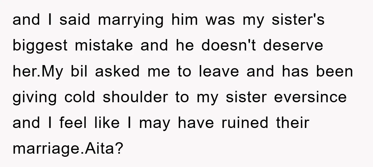and I said marrying him was my sister's biggest mistake and he doesn't deserve her.My bil asked me to leave and has been giving cold shoulder to my sister eversince...