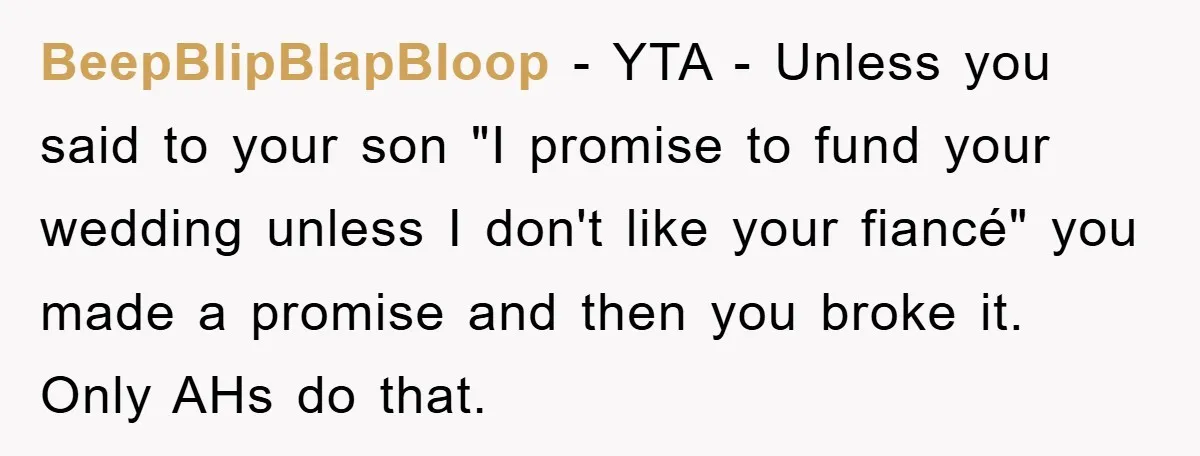 BeepBlipBlapBloop − YTA - Unless you said to your son "I promise to fund your wedding unless I don't like your fiancé" you made a promise and then you broke...