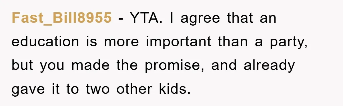 Fast_Bill8955 − YTA. I agree that an education is more important than a party, but you made the promise, and already gave it to two other kids.