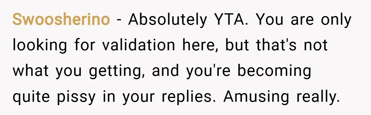 Swoosherino − Absolutely YTA. You are only looking for validation here, but that's not what you getting, and you're becoming quite pissy in your replies. Amusing really.