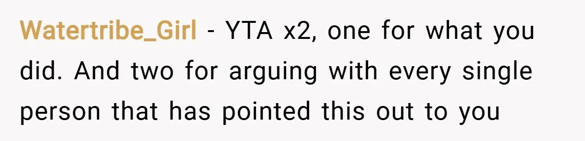 Watertribe_Girl − YTA x2, one for what you did. And two for arguing with every single person that has pointed this out to you