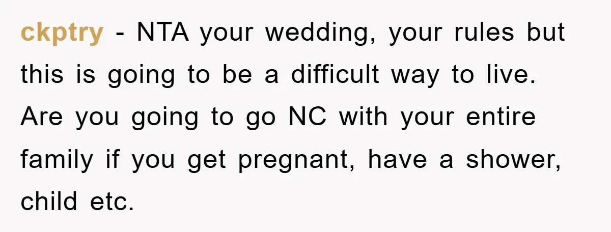 ckptry − NTA your wedding, your rules but this is going to be a difficult way to live. Are you going to go NC with your entire family if you...