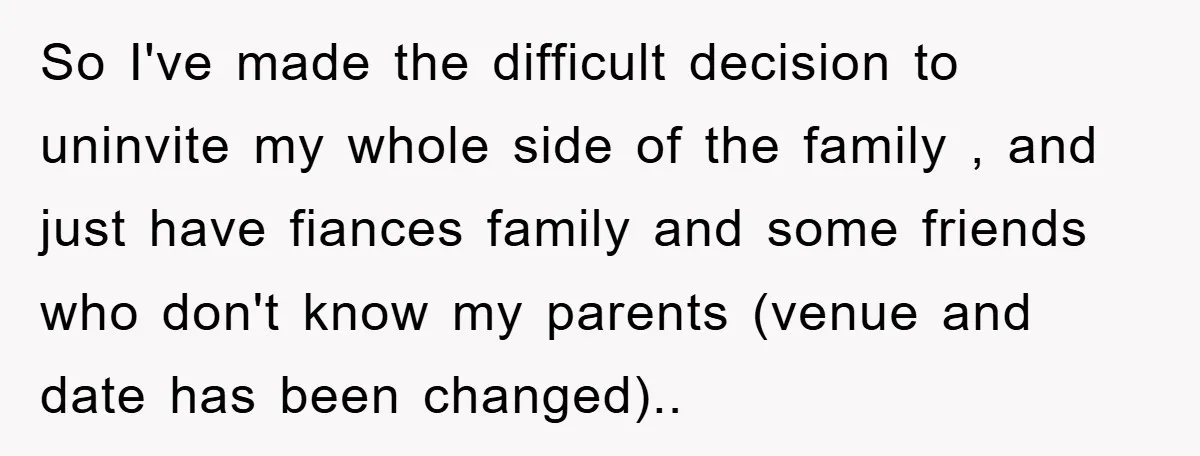So I've made the difficult decision to uninvite my whole side of the family , and just have fiances family and some friends who don't know my parents (venue and...