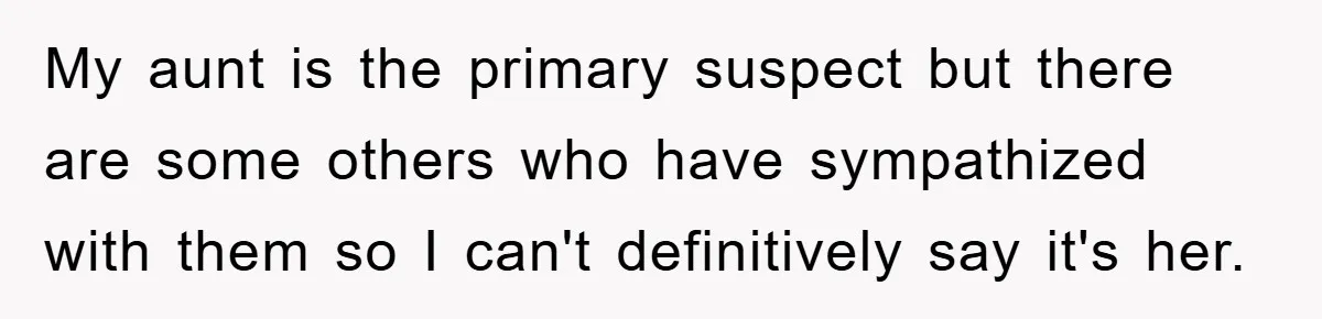 My aunt is the primary suspect but there are some others who have sympathized with them so I can't definitively say it's her.